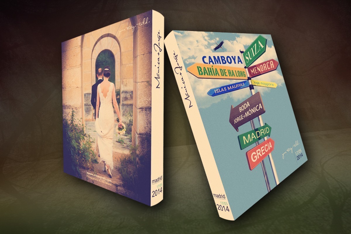 Bodegón de un álbum de boda digital personalizado, de diseño exclusivo, diferente y único. Reportaje de la boda de Mónica y Jorge